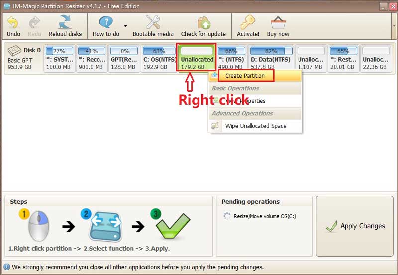 create partition after shrinking c