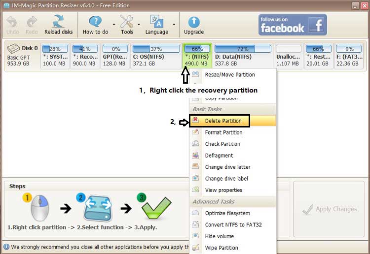 delete recovery partition windows 10