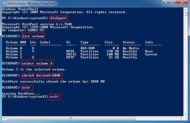 shrink volume powershell windows 11