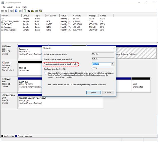 shrink volume in disk management