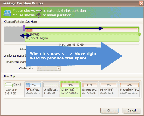 Resize partitions with partition manage tool