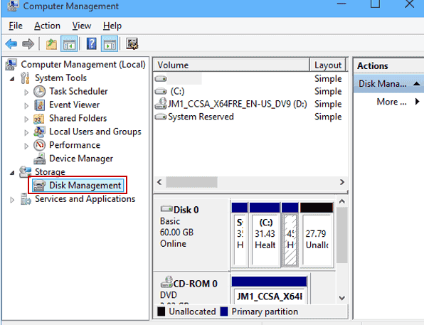 Extend C-Drive in Server 2016 using the Disk Management built-in tool