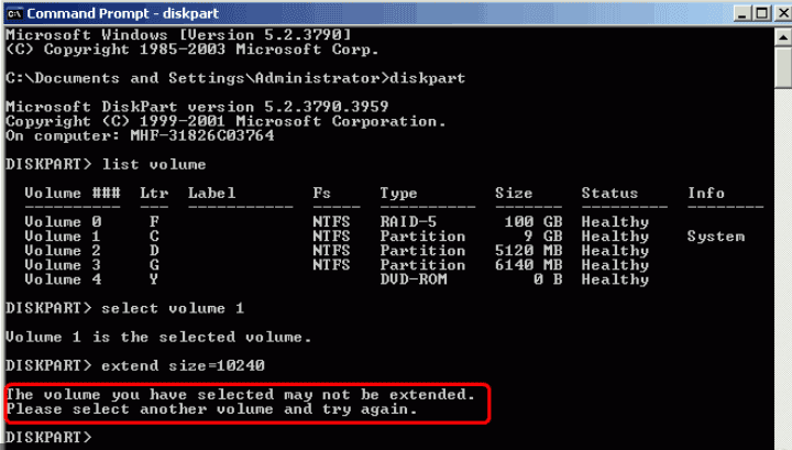 diskpart failed to extend partition