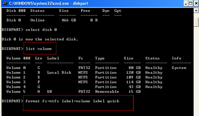 diskpart to format