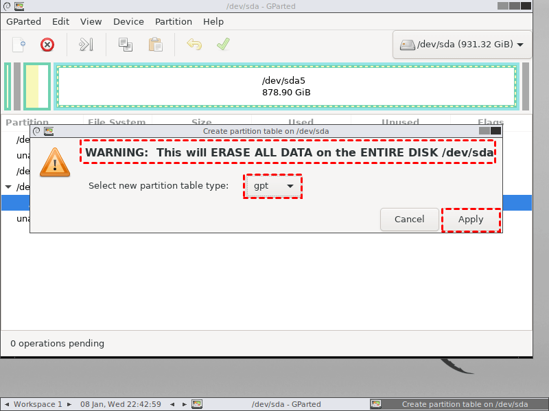convert disk gpt gparted apply changes