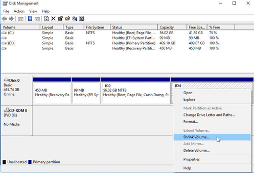 Shrink D drive by disk management